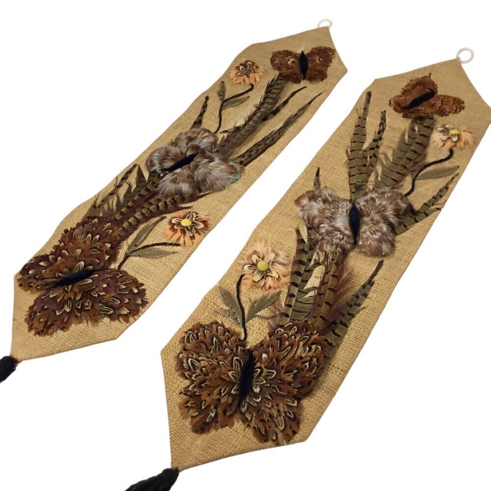 Vtg 3D Folk Art Feather Craft Art Burlap Wall Hanging Bell Pull Butterfly OOAK - Picture 3 of 12